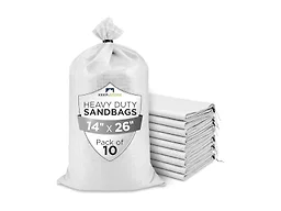 Heavy Duty Sand Bags Pack of 10, White Empty Sandbags with Built-In Ties, Woven Polypropylene UV Protection 1600 Hours, Fillable Bags for Flood Control, Weight, 14x26 inches, 50 Pounds Volume