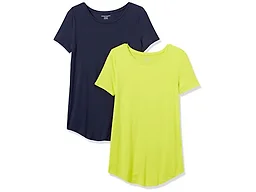 Amazon Essentials Women's Short-Sleeve Scoopneck Tunic Tops, Pack of 2, Navy/Lime Green, Small