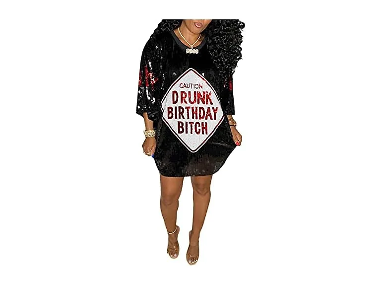Enopink Women (XL) Sequin Shirt Dress Letter Dress