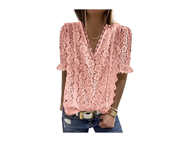Shewin Women (M) Lace Tops Short Sleeve Shirts