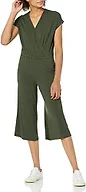 Amazon Essentials Women's Short-Sleeve V Neck Surplice Cropped Wide-Leg Jumpsuit with Elastic Waist, Casual Summer, Dark Olive, Large