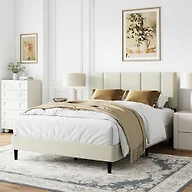 IOILORI Full Size Bed Frame Platform with Velvet Upholstered Headboard, Sturdy Wooden Slats, No Spring Box, No Noise, Easy to Assemble, Bedframe with Strong Wooden Slats, Beige