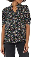 Amazon Essentials Women's Lightweight Georgette Half-Sleeve Ruffle Neck V-Neck Woven Blouse, Black, Ditsy Floral, Small