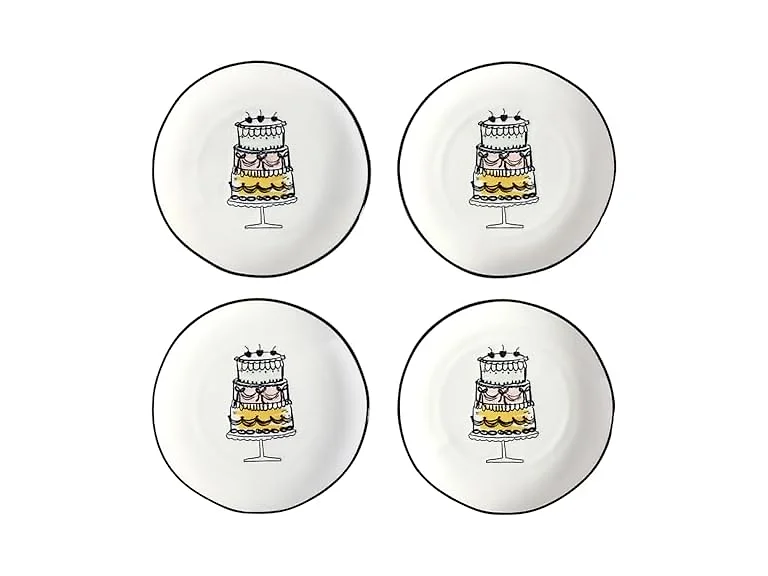Set of 4 Small Ceramic Plates, 6" Diameter, Birthday Cake