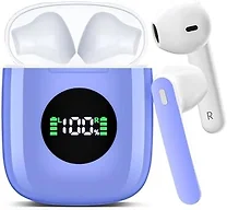 Fangflower Wireless Earbuds, Bluetooth Headphones Stereo Ear Buds with Noise Cancelling Mic, 50H Playback with LED Display Charging Case, IP7 Waterproof in-Ear Earphones for Phone Laptop Sports, Blue