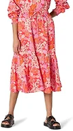 Amazon Essentials Women's Relaxed-Fit Midi-Length Tiered Cotton Sateen Skirt, Bright Poppy Red Folk Floral Multi, Small