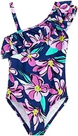Kanu Surf Girls' Morgan Floral Ruffle 1-Shoulder 1-Piece Swimsuit, Sunflower Navy, 10