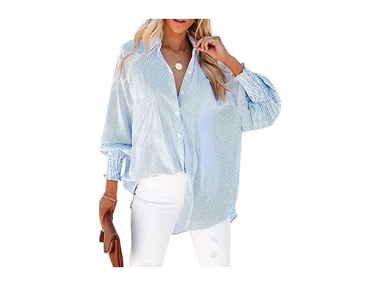 LEMAFER Womens Smocked Boyfriend Shirt