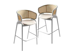 LeisureMod Ervilla Wicker Bar Stool with Fabric Seat and White Steel Frame - White leather - Set of 2