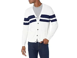 Amazon Essentials Men's V-Neck Cotton Knitted Cardigan Sweater, Ribbed, Navy White Rugby Stripe, Small
