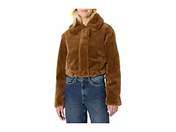 Amazon Essentials Women's Oversized-Fit Cropped Faux Fur Jacket with Collar, Brown, X-Small