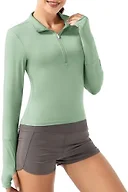 GGOV Crop Tops Women's Long Sleeve Workout Shirt with Half Zip Closure, Slim Fit, and Buttery-Soft Fabric Green