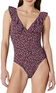 Amazon Essentials Women's Ruffle V-Neck One-Piece Swimsuit, Brick Red Lilac Leopard, Small