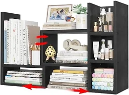NUTIKAS Desk Shelves Desktop Organizer Shlef - Black Office Organization for Top of Desk Organizers and Accessories Corner Bookshelf Table Top Shelving Small Hutch Decorations for Office