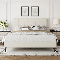IOILORI Queen Size Bed Frame Platform with Velvet Upholstered Headboard, Sturdy Wooden Slats, No Spring Box, No Noise, Easy to Assemble, Light Grey Bedframe with Strong Wooden Slats, Beige