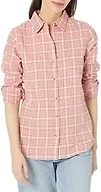 Amazon Essentials Women's Regular-Fit Long-Sleeve Lightweight Cotton Brushed Flannel Shirt, Peach Windowpane Plaid, XX-Large