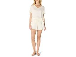 Amazon Essentials Women's Relaxed Fit Satin Short Sleeve V-Neck T-Shirt and Short Sleepwear Set, Ivory, XX-Large