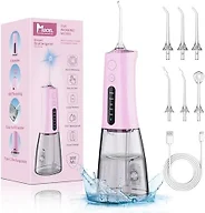MOCEL Water Dental Flosser, Cordless Portable Oral Irrigator with OLED Display, 300ml Water Tank, 5 Cleaning Modes, 6 Jet Tips, IPX7 Waterproof Rechargeable Teeth Cleaner for Home, Travel, Braces Pink