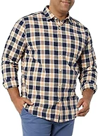 Amazon Essentials Men's Long-Sleeve Regular-Fit Stretch Poplin Shirt Shirt, -Navy/Gold, Plaid, X-Small