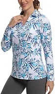 GGOV Women's Golf Polo Shirts Long Sleeve Workout Tops V Neck UPF 50+ Sun Protection Quick Dry Lightweight Active Shirts White Flowers
