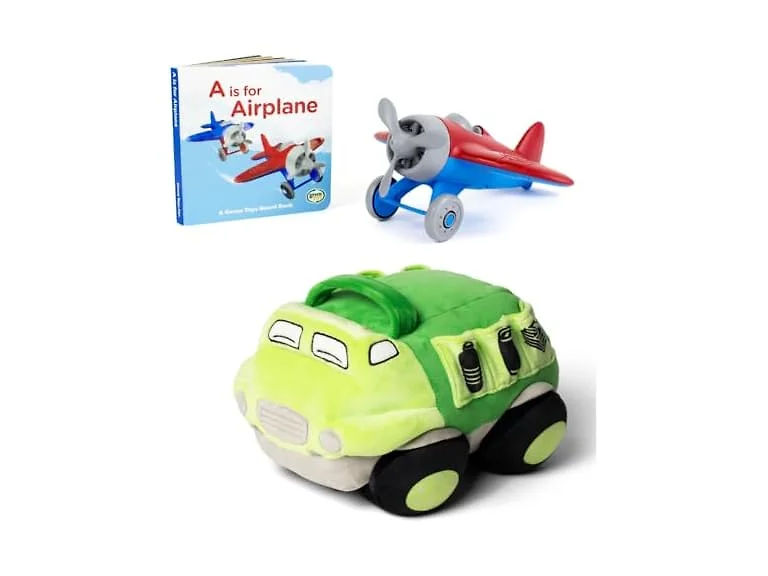 Green Toys Recycle Truck Plush & Airplane Board Book Bundle