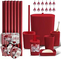 Clara Clark Christmas Bathroom Accessory Set - 22PC, Complete Set + Bath Rugs, Modern, Red & White, Polyester