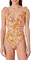 Amazon Essentials Women's Ruffle V-Neck One-Piece Swimsuit, Rust Orange Abstract Palms, Small