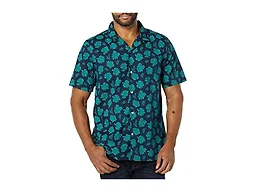 Amazon Essentials Men's Vacation Cotton Button-Down Short Sleeve Resort Shirt, Navy Teal Green Palm Leaf Print, Medium