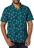 Amazon Essentials Men's Vacation Cotton Button-Down Short Sleeve Resort Shirt, Navy Teal Green Palm Leaf Print, X-Large