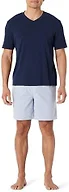Amazon Essentials Men's Cotton Poplin Pajama Short With Cotton T-shirt Set, Navy/Thin Stripe, Medium