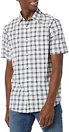 Amazon Essentials Men's Short Sleeve Button Down Shirt, Stretch Cotton, Blue Peach Plaid, Available in Big & Tall, White/Navy, Plaid, Small