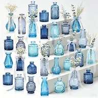 Anquephd 32 PCS Assorted Vintage Bud Vases, Colorful Glass Small Vases Bulk, for Centerpicecs, Wedding Table Decor, Home Decorations & Gifts (Blue Seiris)