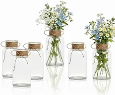 Sawoake Clear Glass Vase Set, Hemp Rope Bowknot Decoration, Rustic Rustic Style Table Top for Wedding Flower Arrangement, Set of 6