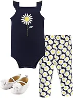 Hudson Baby Unisex Baby Cotton Bodysuit, Pant and Shoe Set, Daisy, 9-12 Months