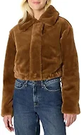 Amazon Essentials Women's Oversized-Fit Cropped Faux Fur Jacket with Collar, Brown, Medium