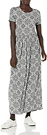 Amazon Essentials Women's Short-Sleeve Waisted Maxi Dress, Fitted, Scoop-Neck (Available in Plus Size), Grey Heather Tile Pattern, Large