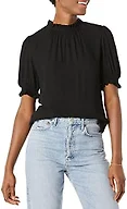 Amazon Essentials Women's Fluid Twill Short Puff Sleeve Ruffle Smock Detail Blouse, Black, Medium