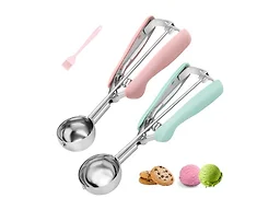 Cookie Scoops for Baking Set of 2, 18/8 Stainless Steel Ice Cream Scoop Set with Ergonomic Soft Grip, Spring Trigger Release Cookie Dough Scooper for Cupcakes, Muffins, Meatballs - Pink & Mint Green