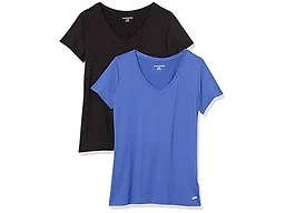 Amazon Essentials Women's Active Quick Dry Tech Stretch Short-Sleeve V-Neck T-Shirt (Available in Plus Size), Pack of 2, Black/Bright Blue, X-Large