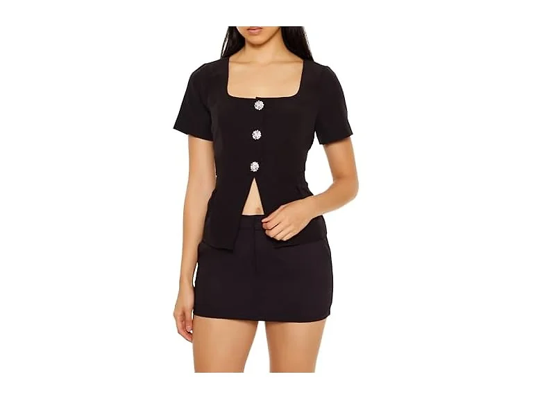 Forever 21 Women (S) Tweed Button Split-hem Top