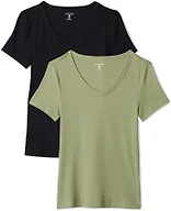 Amazon Essentials Women's 2-Pack Slim-Fit Short-Sleeve V-Neck T-Shirt, Black/Olive, X-Small