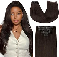 Lashey Seamless Clip-in Hair Extensions - Human Hair, Dark Brown, Light Yaki, Straight, 7pcs, 110g, 18 Inch PU Weft, Natural, for Women