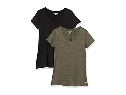 Amazon Essentials Women's Active Quick Dry Tech Stretch Short-Sleeve V-Neck T-Shirt (Available in Plus Size), Pack of 2, Black/Olive Space Dye, Medium