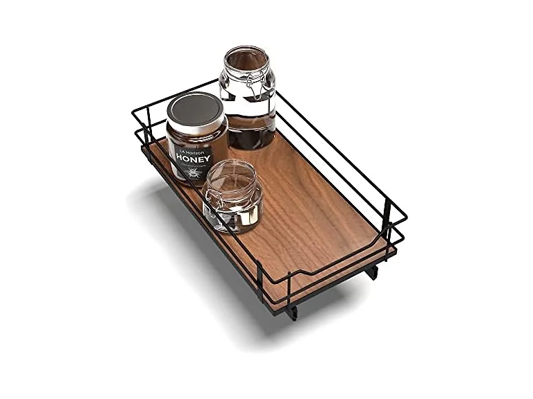 Pull Out Kitchen Cabinet Organizer 11”W, Matte Black Dark Brown Wood Finish
