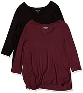 Amazon Essentials Women's Regular Fit 3/4 Sleeve V-Neck Swing T-Shirt, Pack of 2, Black/Burgundy, Large