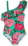 Kanu Surf Girls' Morgan Floral Ruffle 1-Shoulder 1-Piece Swimsuit, Flower Power Pink/Green, 3T