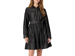 Amazon Essentials Women's Button Front Fit and Flare Denim Chambray Long-Sleeve Tiered Shirtdress, Black Wash, Small