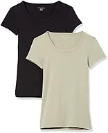 Amazon Essentials Women's Slim-Fit Cap-Sleeve Scoop Neck T-Shirt, Pack of 2, Black/Light Sage Green, X-Small