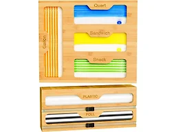 KOCWELL Bamboo Bag Storage Organizer - 2 Wrap Dispenser with Cutter & 4 Slots Food Storage Bags Container - Kitchen Drawer Plastic Bags Storage Organization for Gallon Quart Sandwich Snack Bags
