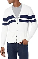 Amazon Essentials Men's V-Neck Cotton Knitted Cardigan Sweater, Ribbed, Navy White Rugby Stripe, X-Small